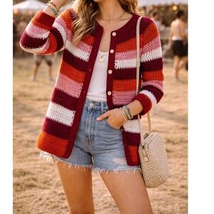 Crochet Cardigan Multicolor Striped Button Front Boho Festival Sweater M
